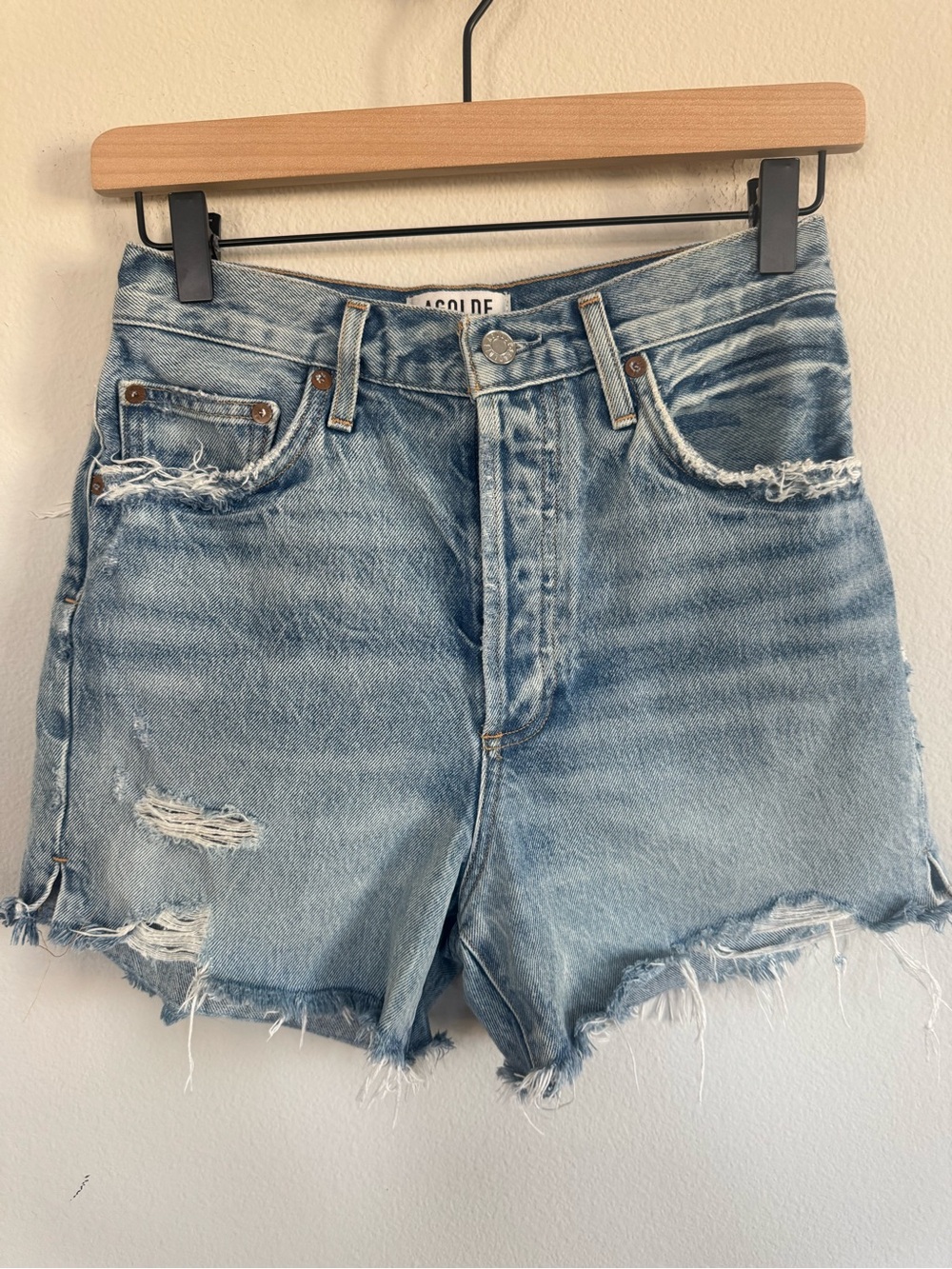 AGOLDE Dee Distressed High Rise Denim Cut Off Light Wash Rae Hem 100% Cotton 26